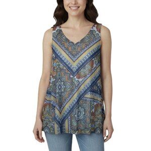 One World Tunic Tank Top Small Medium XL Mesh Overlay Blue Orange Rhinestone Art